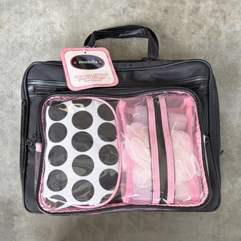 Modella Makeup Case Black Pink Zipper Handle Plastic Linings Fabric Organizer